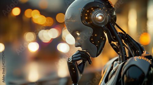 Closeup of a thinking AI robot with its hand on its chin, looking thoughtfully. In the blurred background are street lights and buildings, creating a warm atmosphere. 
