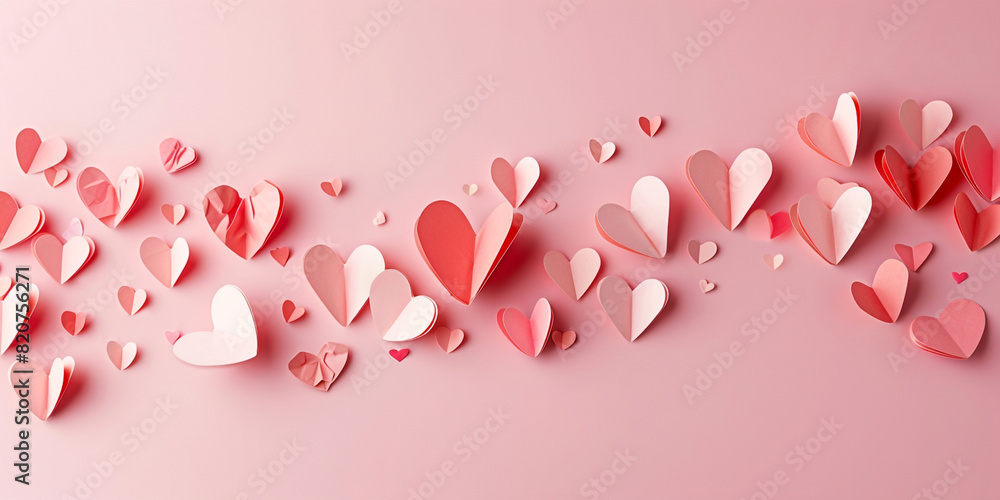 Pink paper hearts on a pink background 
