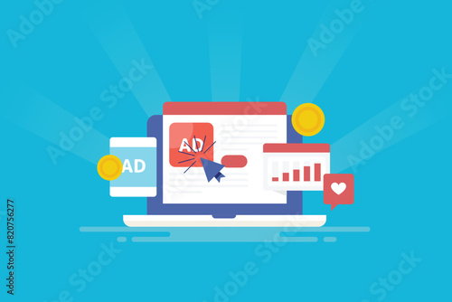 Cost per click, digital ad investment on website and social media, CPC business growth paid marketing strategy concept, vector illustration.