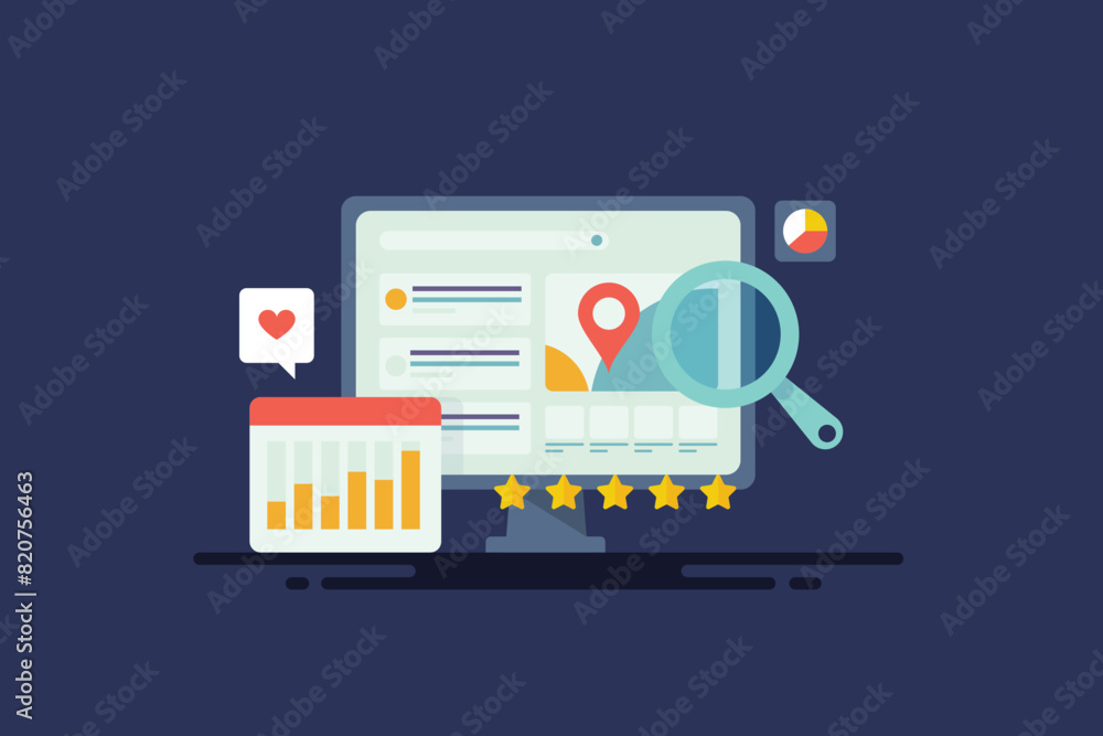 SEO local business map and rating concept. Search ranking on computer screen, analytics data website performance, vector illustration. SEO local business map and rating concept. Search ranking on computer screen, analytics data website performance, vector illustration.