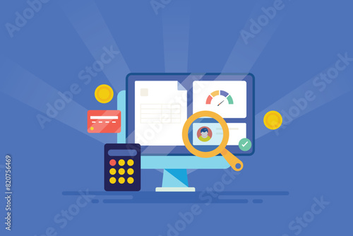 Credit score report check, business financial document digital banking account calculation concept, good rating credit card vector illustration.