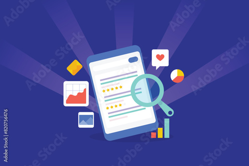 Serach engine result on mobile screen with content, data analytics, web traffic growth and user engagement conceptual SEO vector illustration.