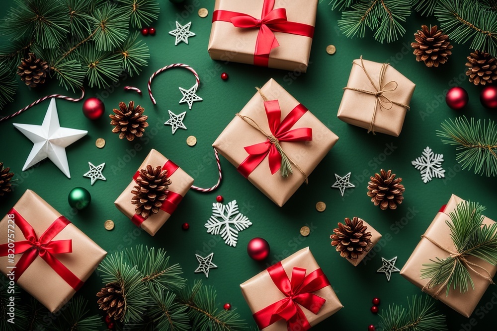 A card with many gift boxes and a wreath with the words Christmas on it. A card with many gift boxes and a wreath with the words Christmas on it.