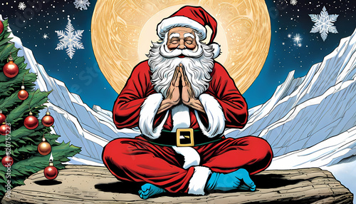 Santa Claus in a Yoga Meditative Pose: A Whimsical Take on Holiday Stress Relief,Ideal for holiday health and wellness campaigns, Christmas promotions, or for a fun and approach to holiday stress	