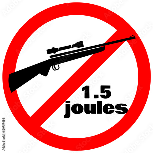 Weapons above 1.3 joules not allowed. Airsoft field forbidden red circle sign.