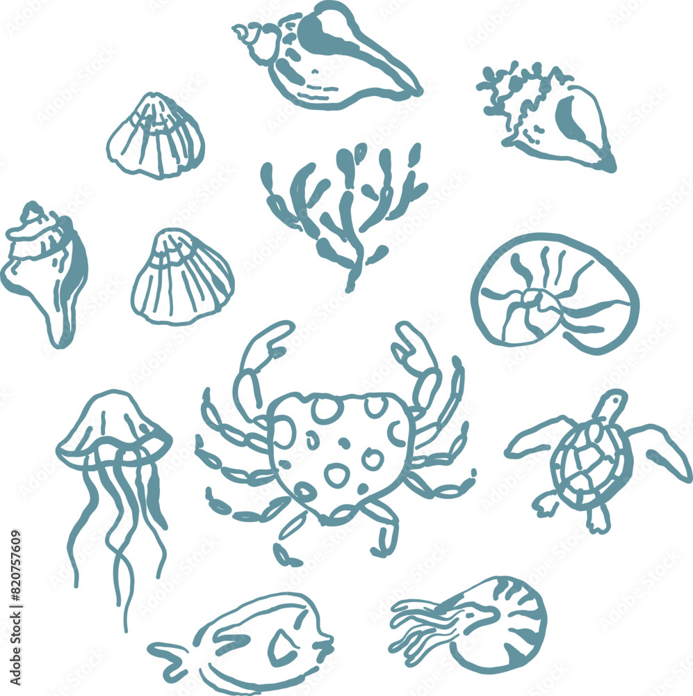 Sea creatures simple outline ink sketches Sea creatures simple outline ink sketches