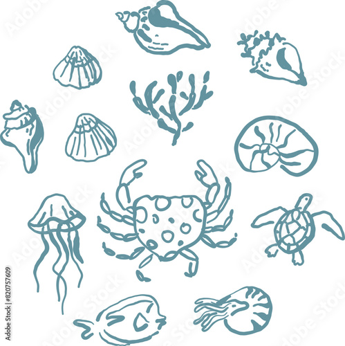 Sea creatures simple outline ink sketches