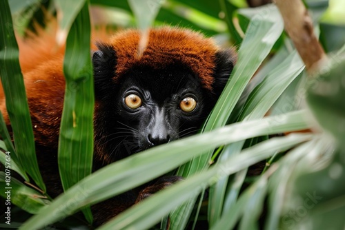 Red Ruffed Lemur in foliage photo
