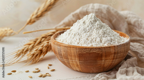 Flour in wooden bowl and spikelets on beige background