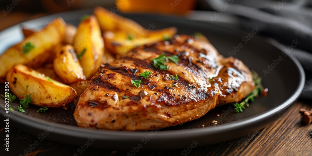 a wooden cutting board topped with meat and vegetables, the roasting chicken with potatoes and tomatoes is ready to be served. seamless texture a wooden cutting board topped with meat and vegetables, the roasting chicken with potatoes and tomatoes is ready to be served. seamless texture