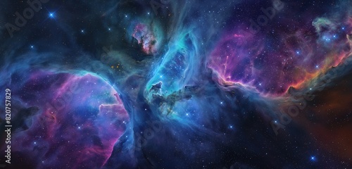 A deep space view showing a nebula with swirling colors of blue, purple, and pink, with distant stars dotting the dark backdrop. 32k, full ultra hd, high resolution photo