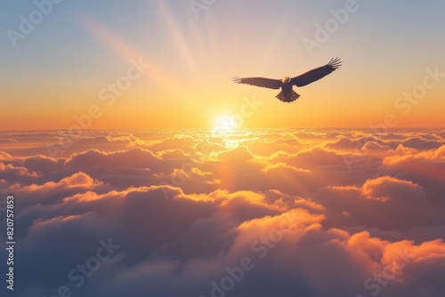 A majestic sunrise over the clouds, with an eagle soaring high above in flight