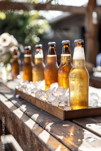 glass bottles with beer on the background of nature. Selective focus