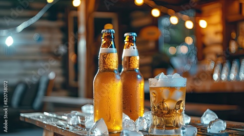 glass bottles with beer on the background of nature. Selective focus