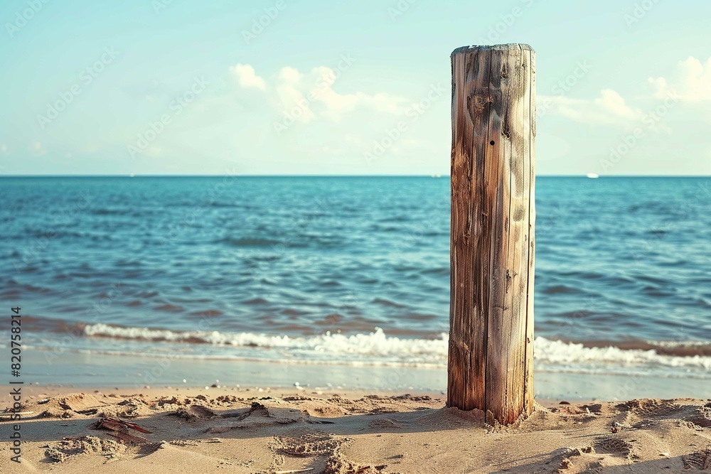 upright wooden pole on a beach