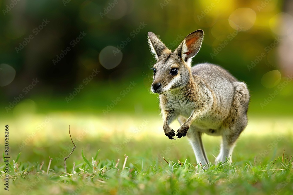 Fototapeta premium Wallaby hopping in a yard
