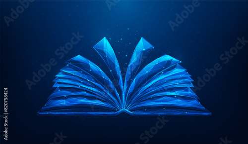 open book digital e-learning education.study and knowledge on blue background.vector illustration low poly wireframe
