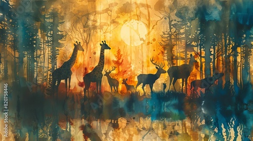 Endangered animals silhouettes fading into forest shadows, watercolor, soft tones, dreamy