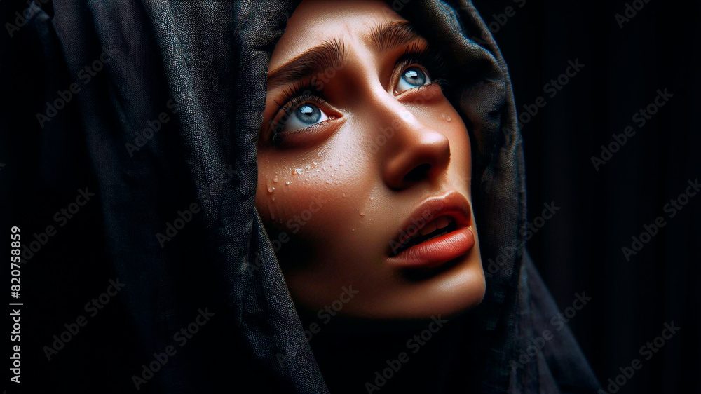 Emotional close-up portrait of a veiled woman looking up. Biblical character. Emotional close-up portrait of a veiled woman looking up. Biblical character.