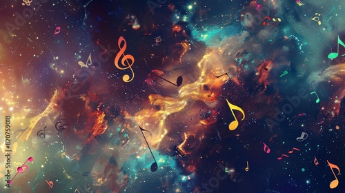 A colorful space scene with musical notes scattered throughout