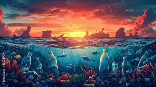 Endangered sea creatures surrounded by bottles and plastic bags, illustration, cool colors, atmospheric