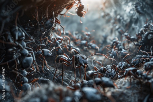 A group of ants crawling on a rock. Suitable for nature and wildlife themes photo