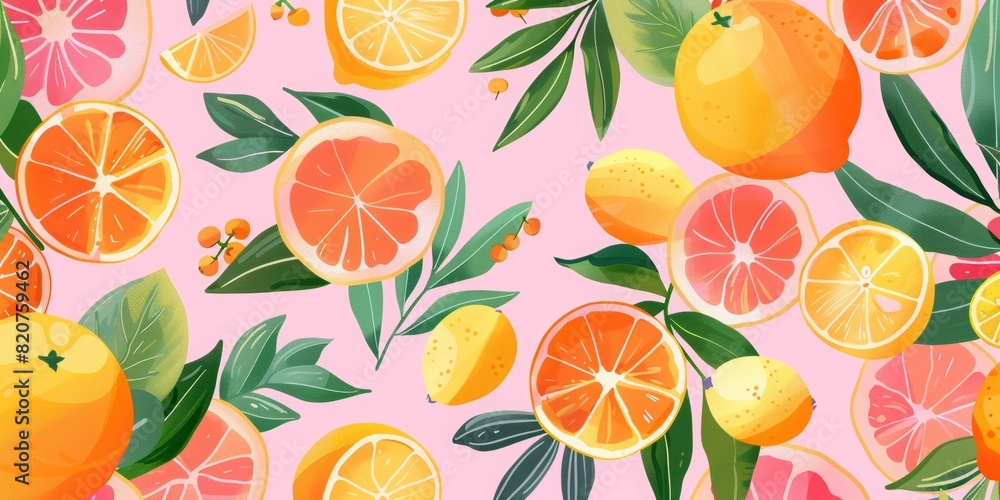 Fruit print pink and orange pattern, in the style of cartoon, cute style, colorful illustration, colorful, cute background, pink background, closeup of oranges and lemons, with orange tree leaf elemen Fruit print pink and orange pattern, in the style of cartoon, cute style, colorful illustration, colorful, cute background, pink background, closeup of oranges and lemons, with orange tree leaf elemen