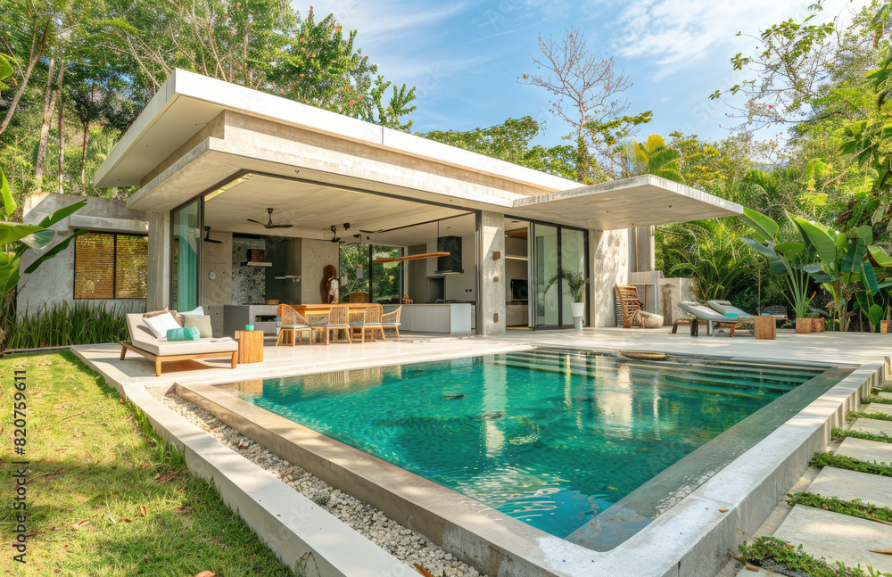 the pool and garden area in front, with a modern minimalist style villa in Phuket Thailand, bright light and colors, white walls and concrete roof, surrounded by lush tropical greenery, creating an el