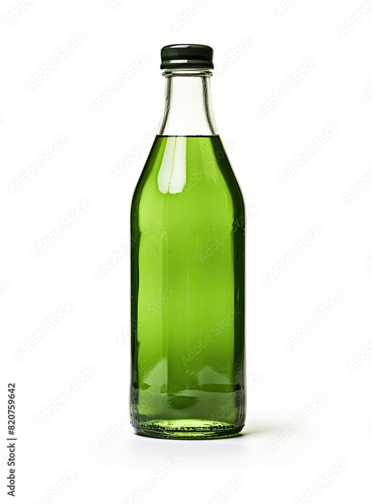 A simple, minimalist clear glass bottle filled with pale green liquid, set against a clean white background.. A simple, minimalist clear glass bottle filled with pale green liquid, set against a clean white background..