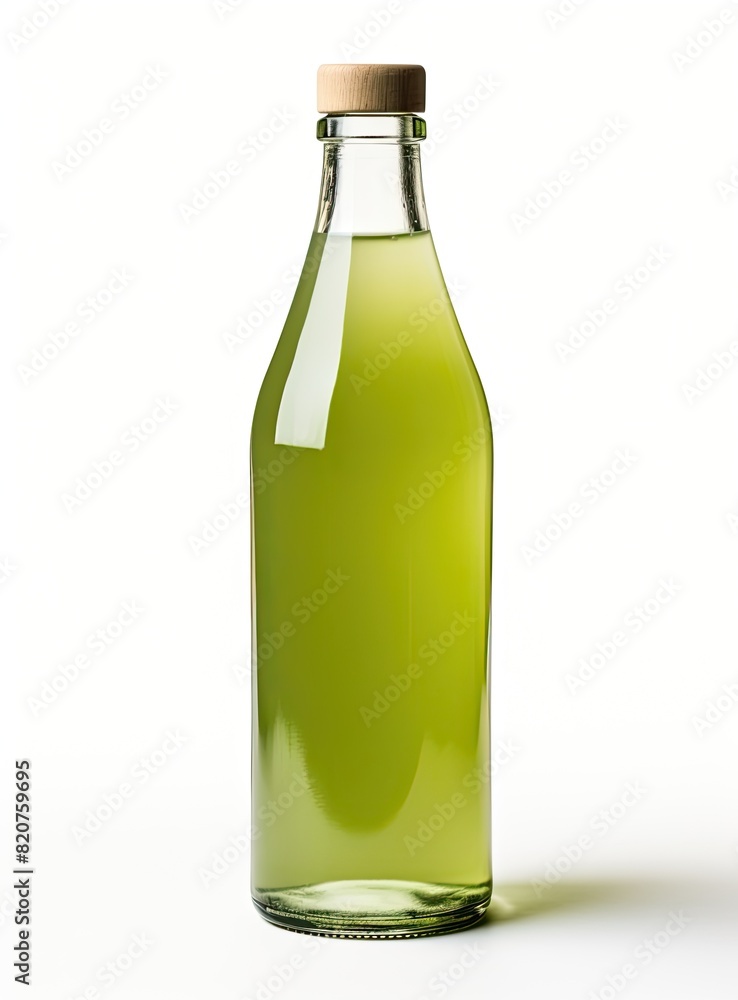 A simple, minimalist clear glass bottle filled with pale green liquid, set against a clean white background.. A simple, minimalist clear glass bottle filled with pale green liquid, set against a clean white background..