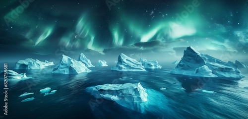 A dramatic arctic scene with jagged icebergs floating in deep blue water, under a sky filled with northern lights. 32k, full ultra hd, high resolution