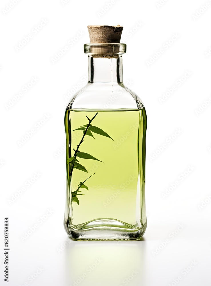 The minimalist design of a clear bottle contains a subtle pale green fluid. The minimalist design of a clear bottle contains a subtle pale green fluid.