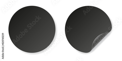 Black round stickers with folded corner and shadow. Transparent background.
