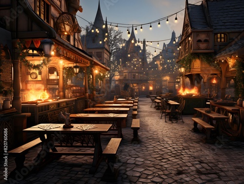 Street cafe in the old town at night. 3d rendering.