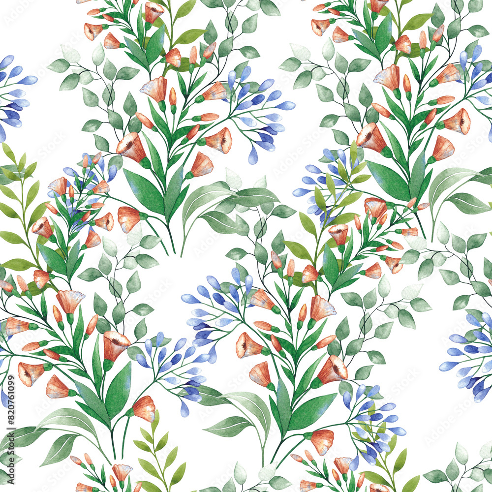 Seamless pattern of branches with flowers and leaves on a white background. Watercolor illustration.