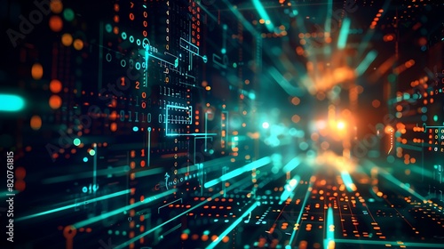 Wallpaper Mural Futuristic Digital Matrix - Dynamic Flow of Binary Code in Dark Background with Blue and Green Highlights Illustrating Data Movement and Energy Torontodigital.ca