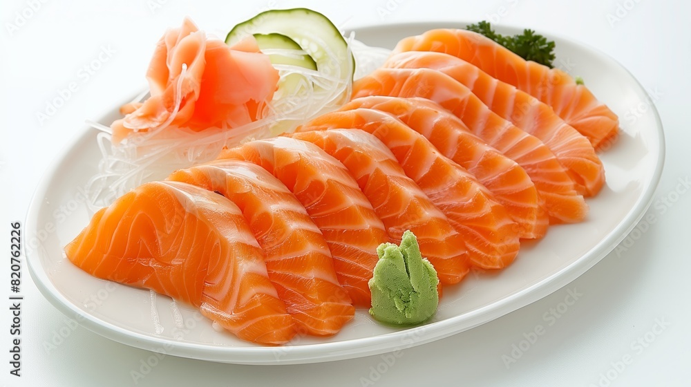 Sashimi salmon with wasabi sauce on a white plate at a Japanese restaurant. Sashimi salmon with wasabi sauce on a white plate at a Japanese restaurant.