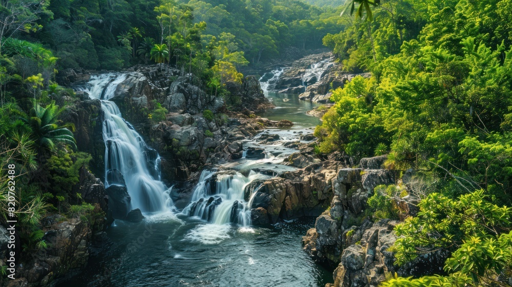 Obraz premium A waterfall is flowing into a lake surrounded by trees