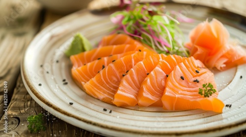 Sashimi salmon with wasabi sauce on a white plate at a Japanese restaurant.