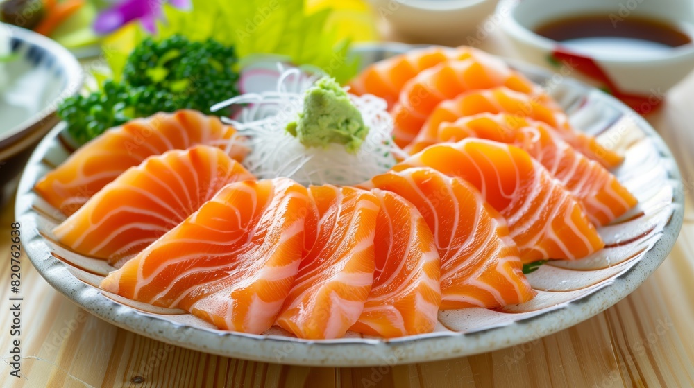Sashimi salmon with wasabi sauce on a white plate at a Japanese restaurant. Sashimi salmon with wasabi sauce on a white plate at a Japanese restaurant.
