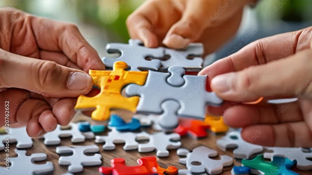 Close-up of a business team's hands assembling a complex puzzle. Metaphor for teamwork and solving problems together Close-up of a business team's hands assembling a complex puzzle. Metaphor for teamwork and solving problems together