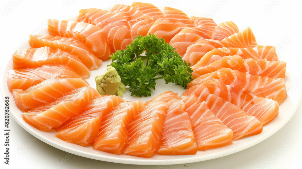 Sashimi salmon with wasabi sauce on a white plate at a Japanese restaurant. Sashimi salmon with wasabi sauce on a white plate at a Japanese restaurant.