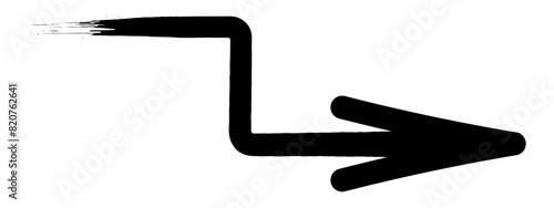 Arrow. Sketch. The black arrow is bent at a right angle and directed to the right. Hand drawn sign. Vector illustration. Directional signs made from brush strokes. Outline on isolated white background