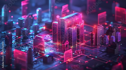 Digital circuit with 3d cityscape, cityscape verse matrix world photo