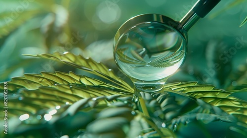 Close-up of a cannabis leaf with a drop of oil forming a magnifying glass over a cell structure, symbolizing cellular level healing photo