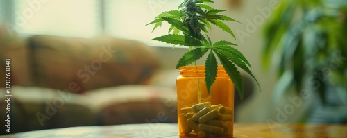 Close-up view of a cannabis plant sprouting from a prescription bottle, depicting alternative medicine