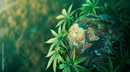 Close-up view of a globe wrapped in cannabis leaves, depicting the global impact of medical cannabis photo