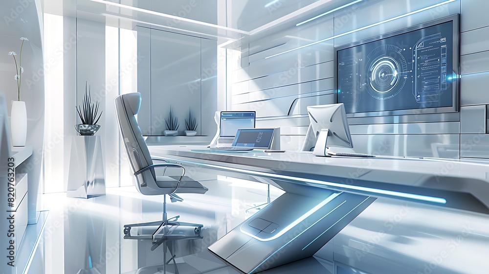 Futuristic Office Workspace with Smart Desks, Holographic Screens, and Minimalist Decor in White, Silver, and Blue Futuristic Office Workspace with Smart Desks, Holographic Screens, and Minimalist Decor in White, Silver, and Blue