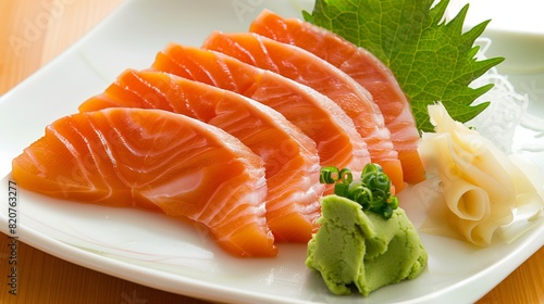 Sashimi salmon with wasabi sauce on a white plate at a Japanese restaurant.