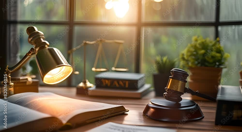 The lawyer's desk is equipped with a hammer, books, etc The lawyer's desk is equipped with a hammer, books, etc